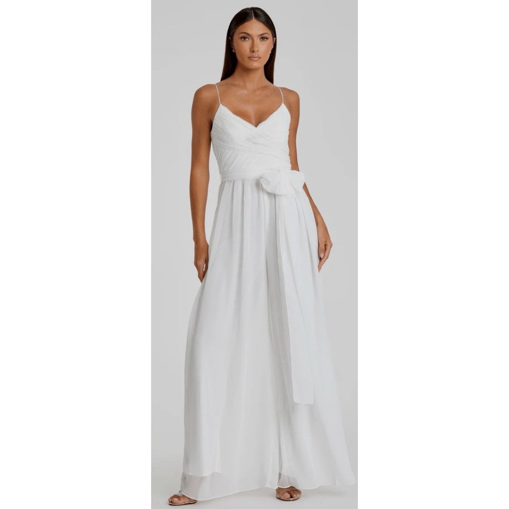 Mac Duggal White Spaghetti Strap Jumpsuit with Waist Tie